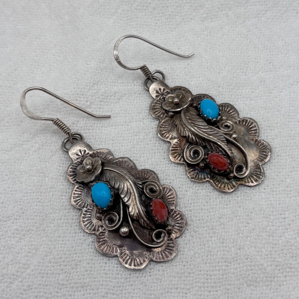 Native American 925 Sterling Turquoise & Coral Earrings Lizard Mark